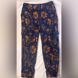 Anthropologie Floral Brocade Pull-On Navy Blue Business Casual Pants- Large